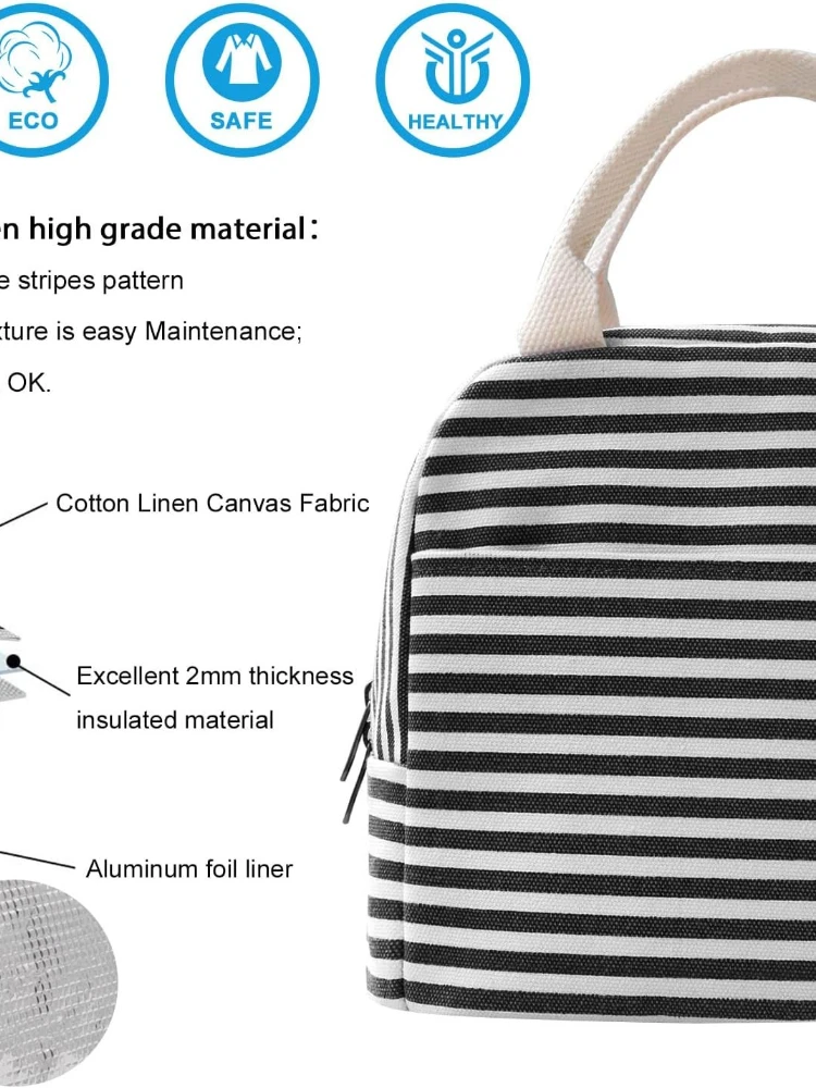 Canvas Lunch Tote Bag for Women for Work with Black and White Stripes, Reusable Insulated Meal Prep Preppy Lunch Box Bag