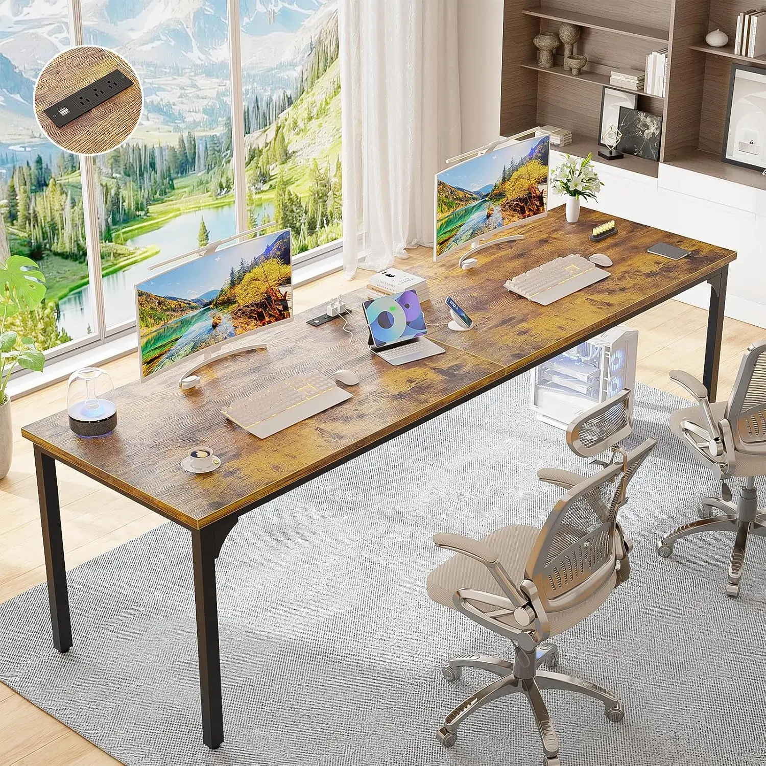 2 Person Computer Desk with Power Outlets, Spacious Desktop, Modern Study Gaming Workstation, 78.7