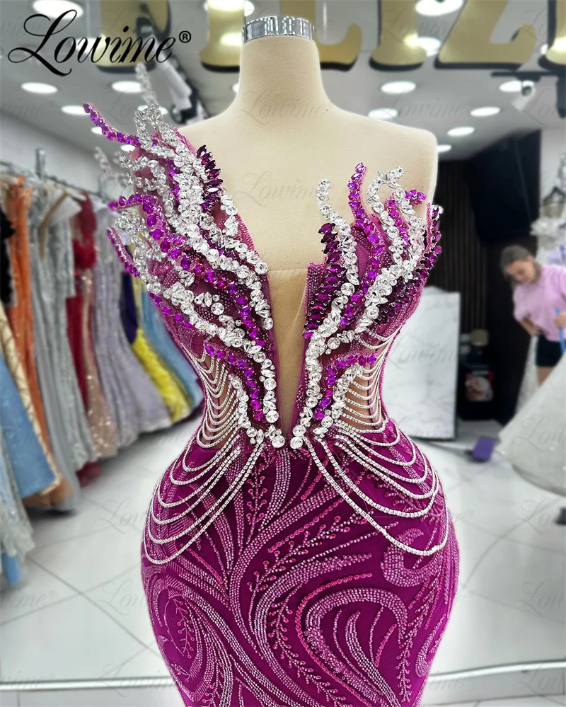 Elegant Purple Party Dress Engagement Gown 2024 Crystals Tassel Beaded Mermaid Celebrity Dresses Arabic Women Prom Evening Dress