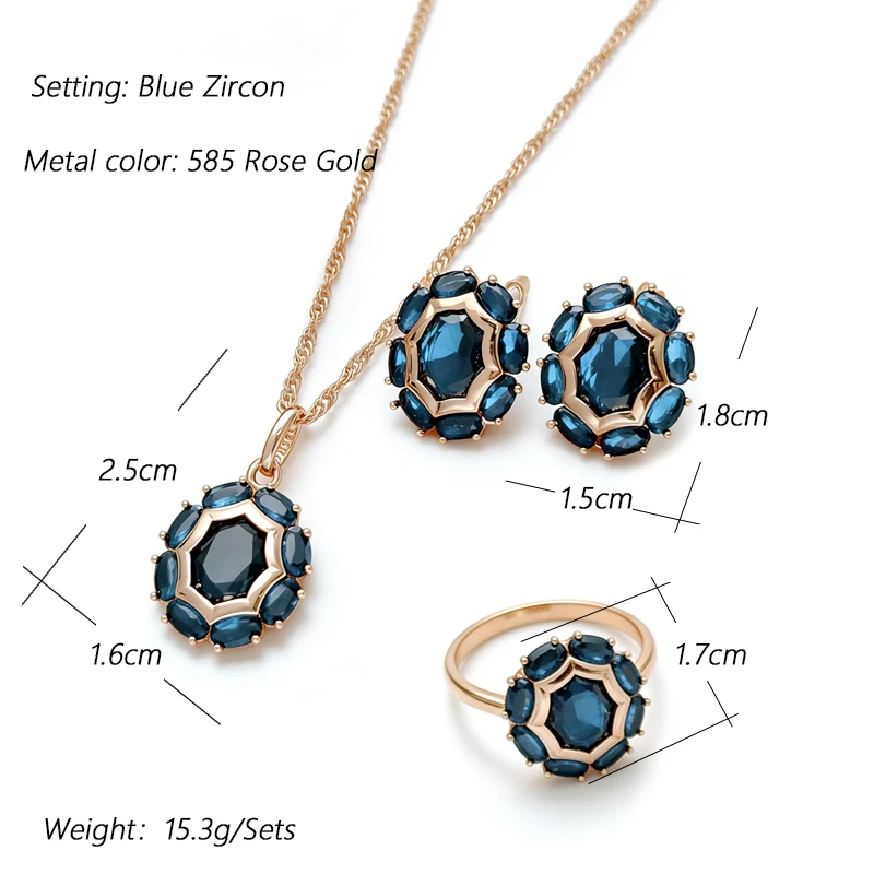 Kinel Unusual Shiny Oval Blue Natural Zircon Ring Earrings Necklace for Women Trend 585 Rose Gold Color Daily 3pcs Jewelry Sets