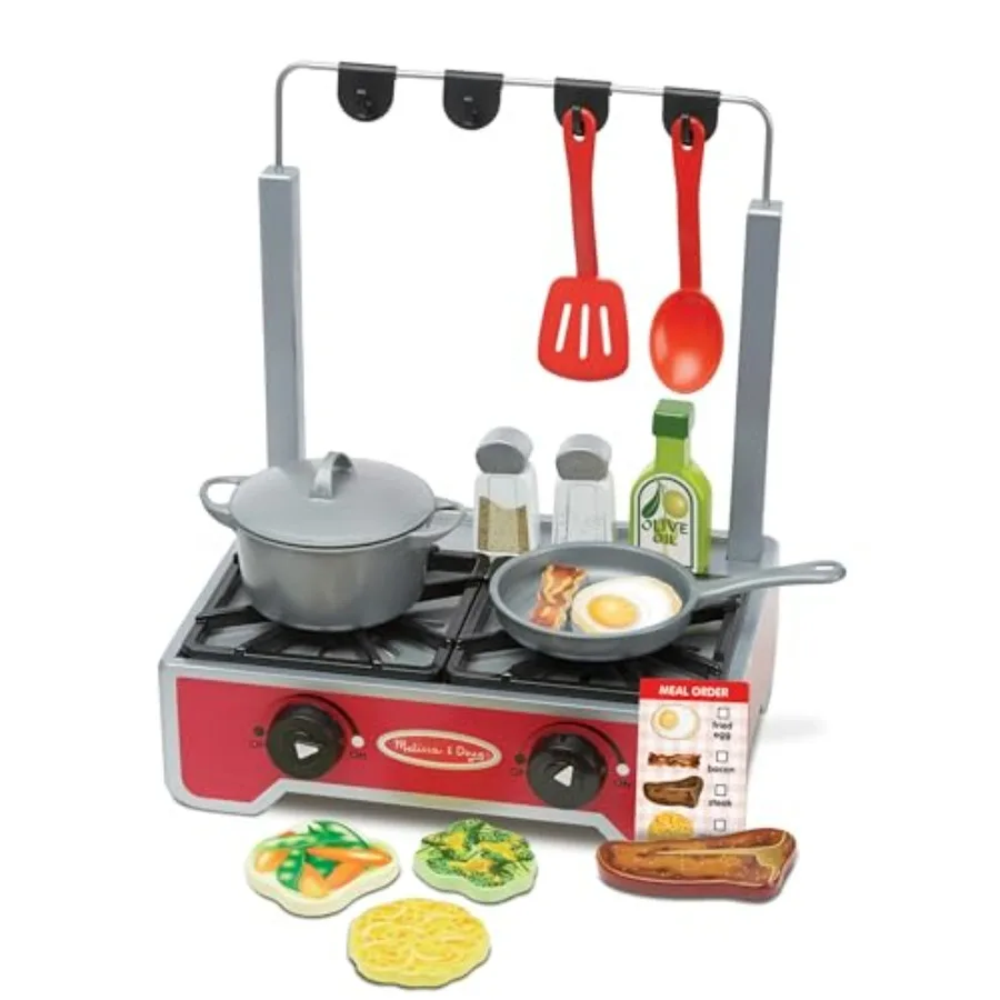 Melissa Doug 19-Piece Deluxe Wooden Cooktop Set with Wooden Play Food Durable Pot and Pan Wood Material Natural Color Education
