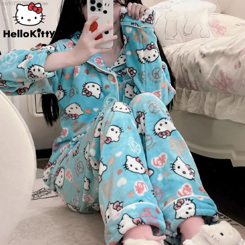 Sanrio Cute Hello Kitty Cartoon Printed 2 Pcs Pajamas Sets Women Autumn And Winter Thickened Home Casual Clothing Set