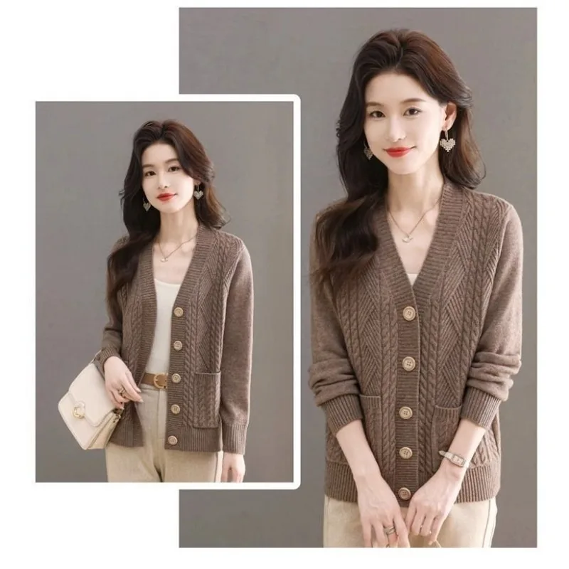 Womens Fashion Knit Cardigan Loose Sweater Coat V Neck Cable Knit Pockets Casual Mother Outerwear Autumn Winter