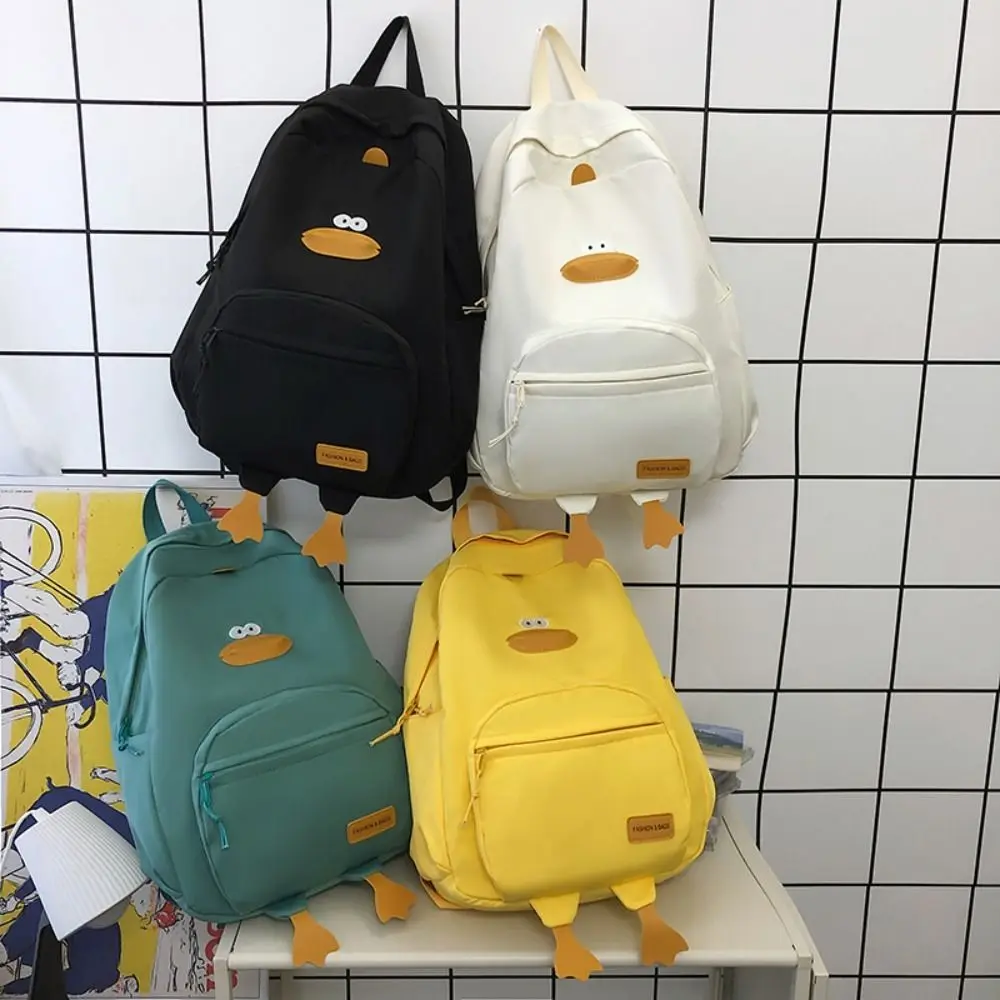 Zaino in nylon con anatra cartone animato Tasche a 3 strati con cerniera Zaino per bambini Borsa da scuola per studenti di grande capacità per bambini