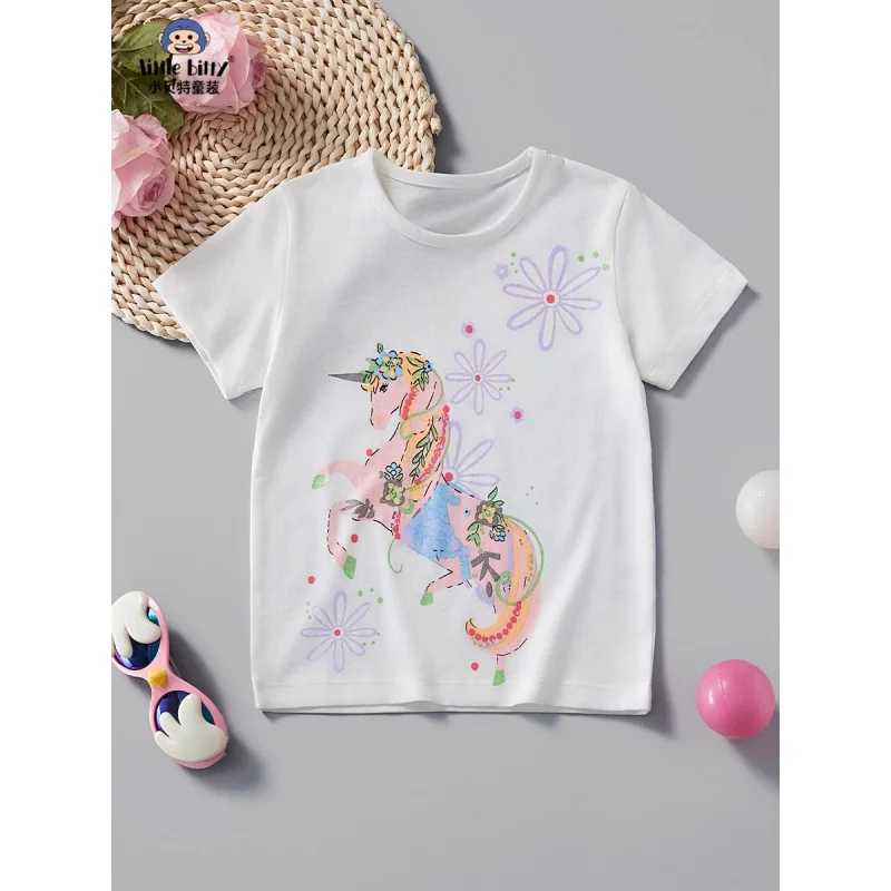 

Children's Clothing Summer Girl Short Sleeve24New style whiteTT-shirt Unicorn Pattern Pure Cotton Girls' Half Sleeve Wholesale