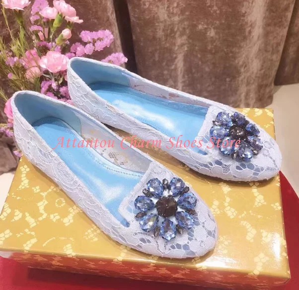 New Round Toe Crystal Flower Decor Lady Flat Shoes Fashion Lace Rhinestone Slip-on Casual Shoes Woman Dress Office Shoes