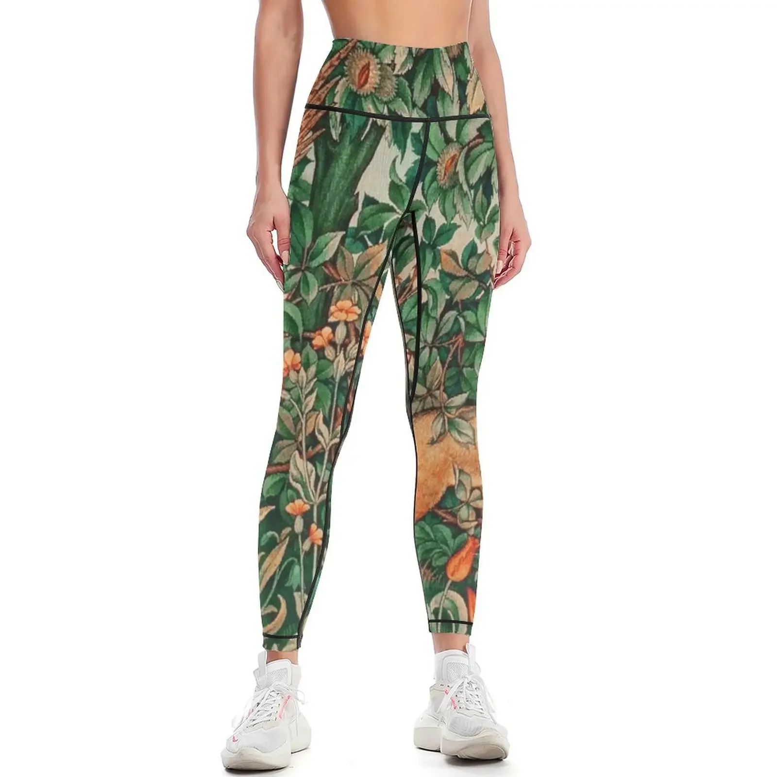 GREENERY, FOREST ANIMALS Pheasant and Fox Red Blue Green Floral Tapestry Leggings joggers for gym's clothing Womens Leggings