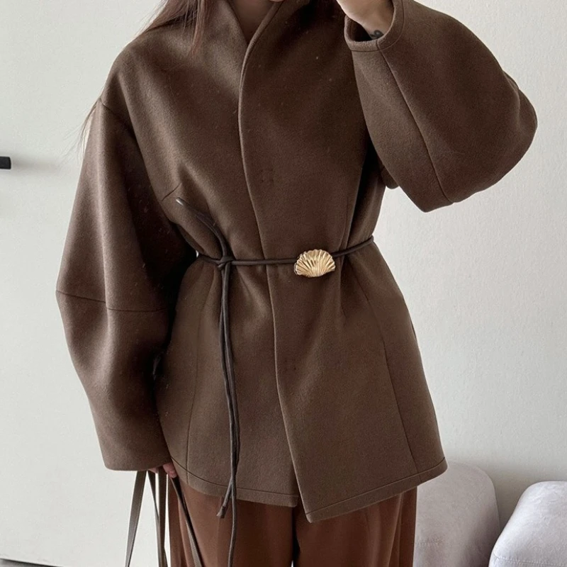 Women's Brown Stand Collar Lace Up Jackets Autumn Winter Fashion Slim Fit Long Sleeves Outerwear Commute Lady Street Wear 2025