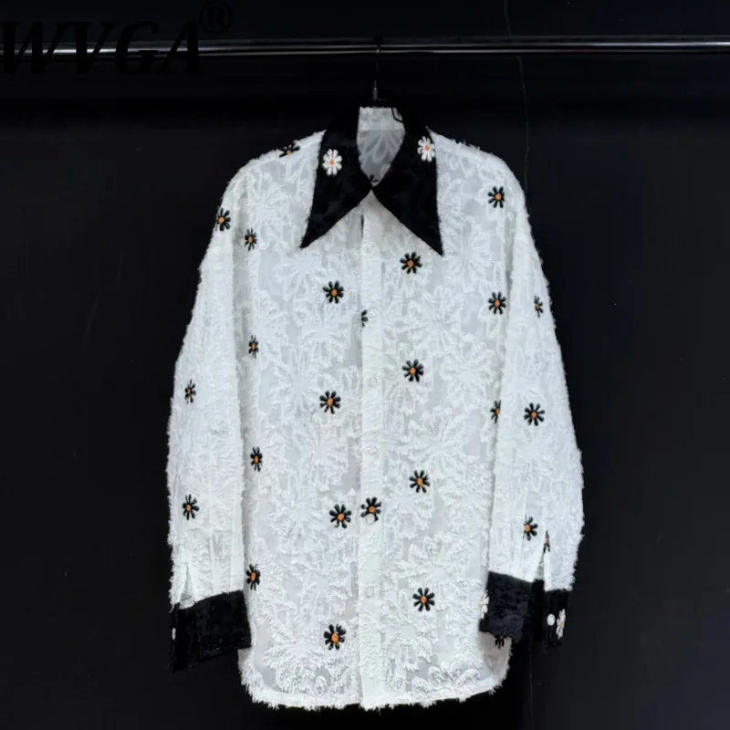 

WVGA Men Spring Autumn New Lace Embroidery Trendy Long Sleeve Shirt Niche Chic Casual Patchwork Turn-Down Collar Tops Ins W21861