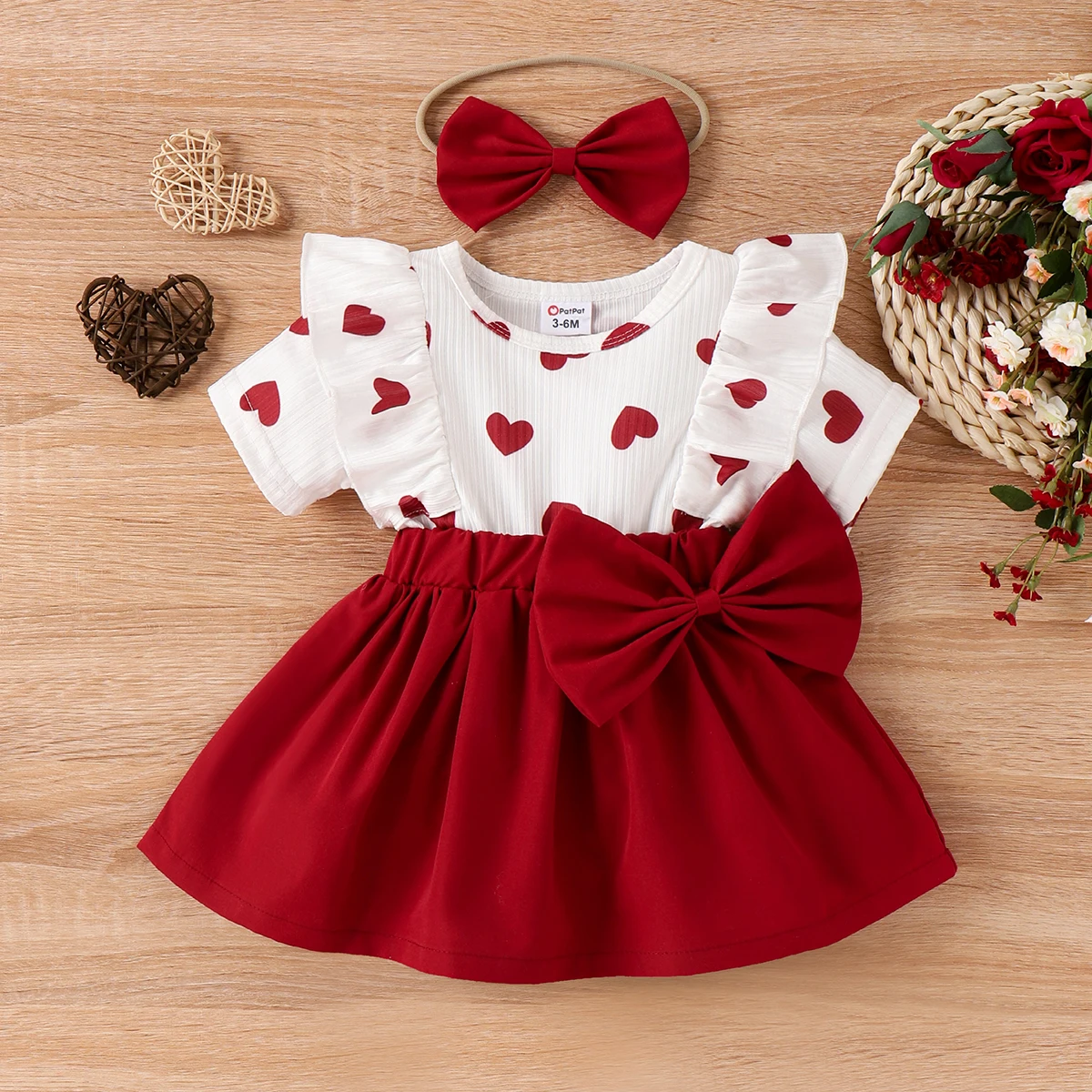 

PatPat 2pcs Baby Girl Heart Print Ruffled Short-sleeve Faux-two Bow Front Dress & Headband Set