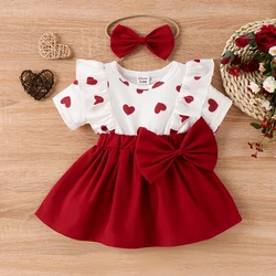 PatPat 2pcs Baby Girl Heart Print Ruffled Short-sleeve Faux-two Bow Front Dress & Headband Set