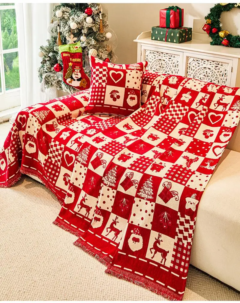 Weihnachtlicher Einteiliger Sofabezug Handtuch Chenille Rotes Karomuster Universelle Sofabezüge Festliche Komplette Decke Sofabezug-Stoff – Detail 9