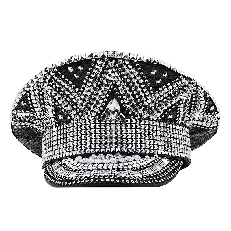 Luxury Rhinestone Women Wedding Bride Captain Hat Black Military Hat Sergeant Hat Hen Festival Birthday Part Hat