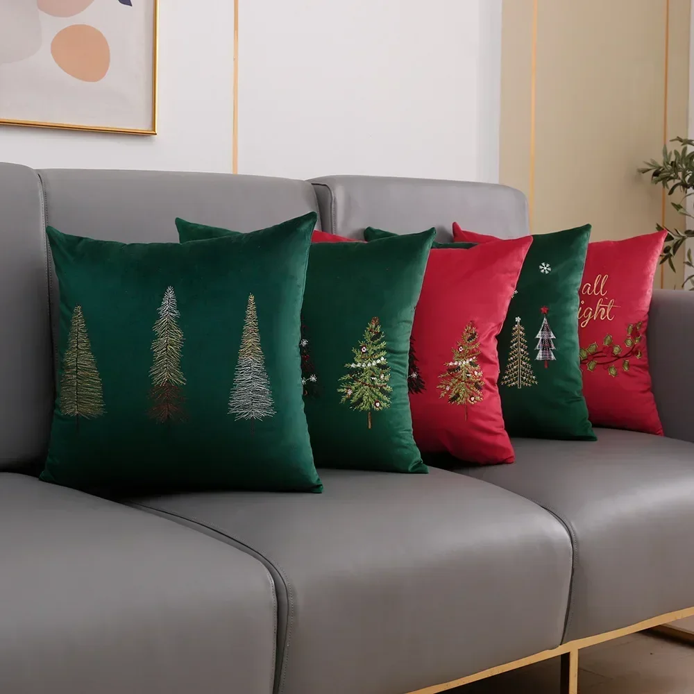 2024 Christmas Embroidered Cushion Cover Red Green Merry Christmas Pillow Case Velvet Home Decor Decorative Cushions for Sofa