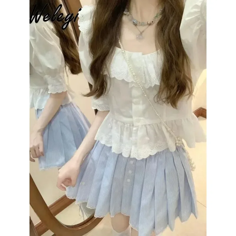 

Japanese Style Women's White Embroidered Doll Collar Shirt Top Student 2024 Spring and Summer Sweet Blue Striped Pleated Skirts