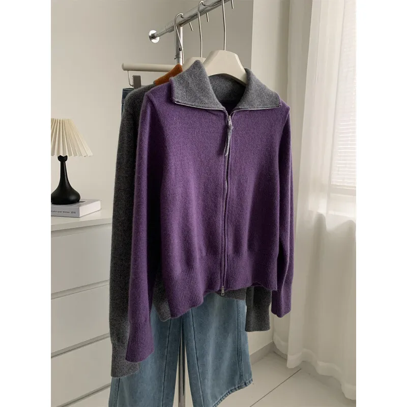 

Вязаная молния с отложным воротником и цветными блоками, овечья шерсть для женщин, осенне-зимний свитер из кроличьего меха, пальто