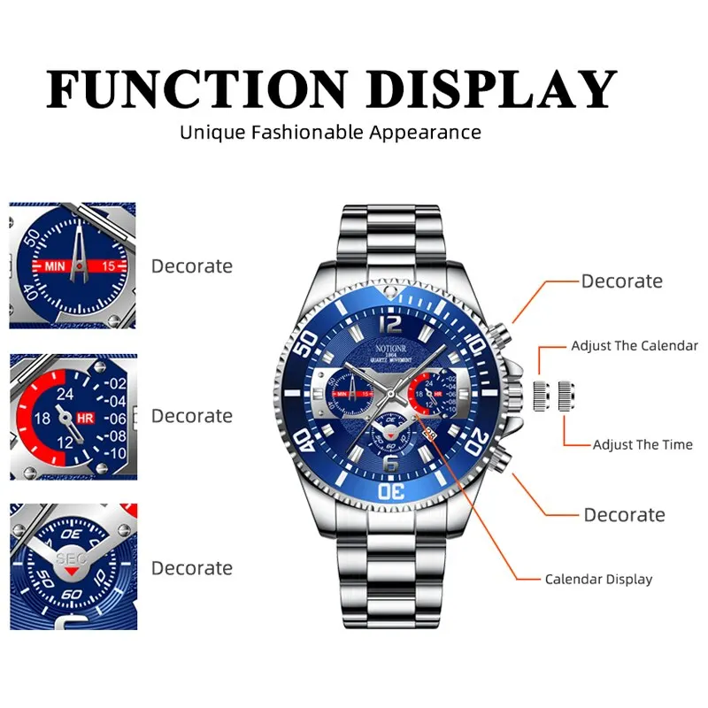 Fashion Mens Sports Calendar Watches Luxury Men Business Stainless Steel Quartz Wrist Watch Luminous Clock Male Casual Watch