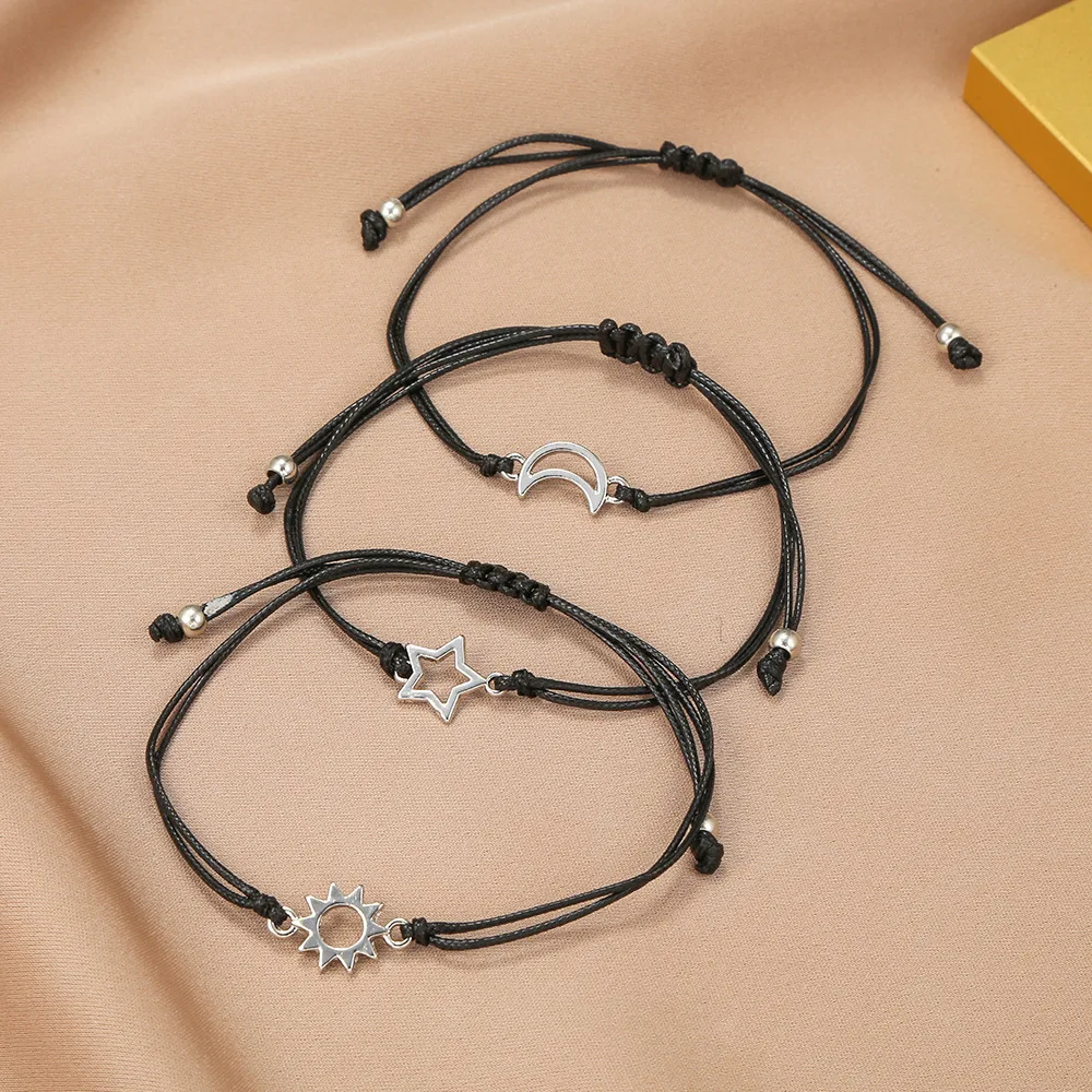 3Pcs Sun Moon Star Black Wax Cord Bracelet Set, Adjustable Hollow Charm Braided String Wrist Jewelry for Best Friends