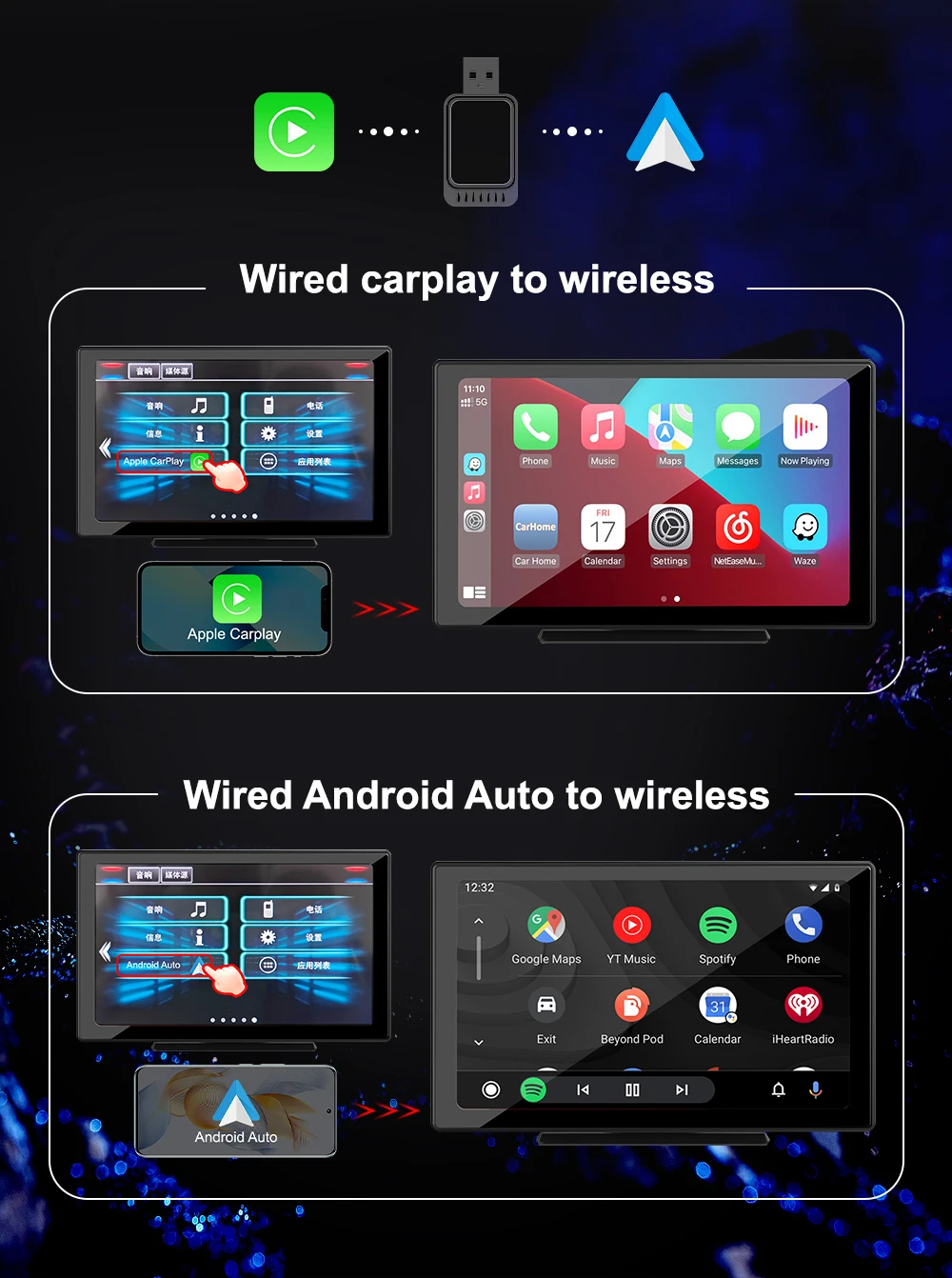 Buthooth 5.0 New Wireless CarPlay Android Auto Adapter Mini Box Plug And Play 5GHz WiFi Fast Connect 2 in 1 Wireless Adapter