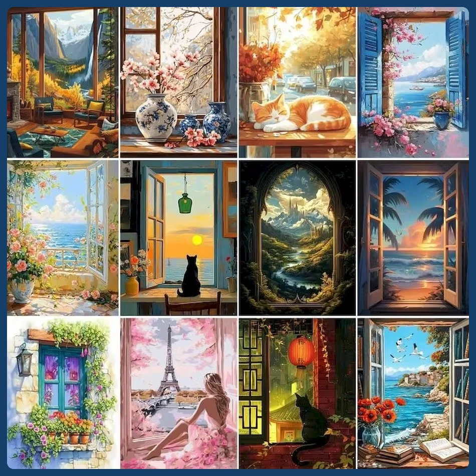 

Oil Painting By Number Window sill scenery Artwork Coloring For Adults Art Supplies Personalized Gift Handmade Digital Frameless