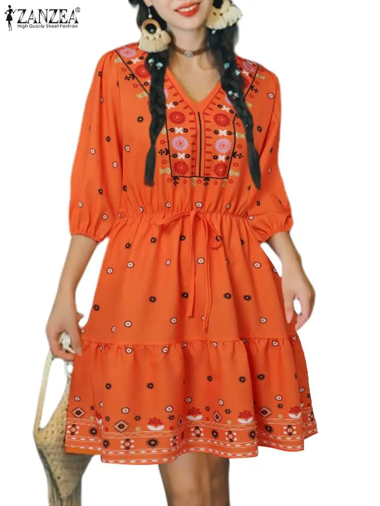 ZANZEA-vestido de praia estampado floral boêmio para mulheres, vestido vintage de verão, gola V, manga 3/4, vestido midi com renda, moda verão