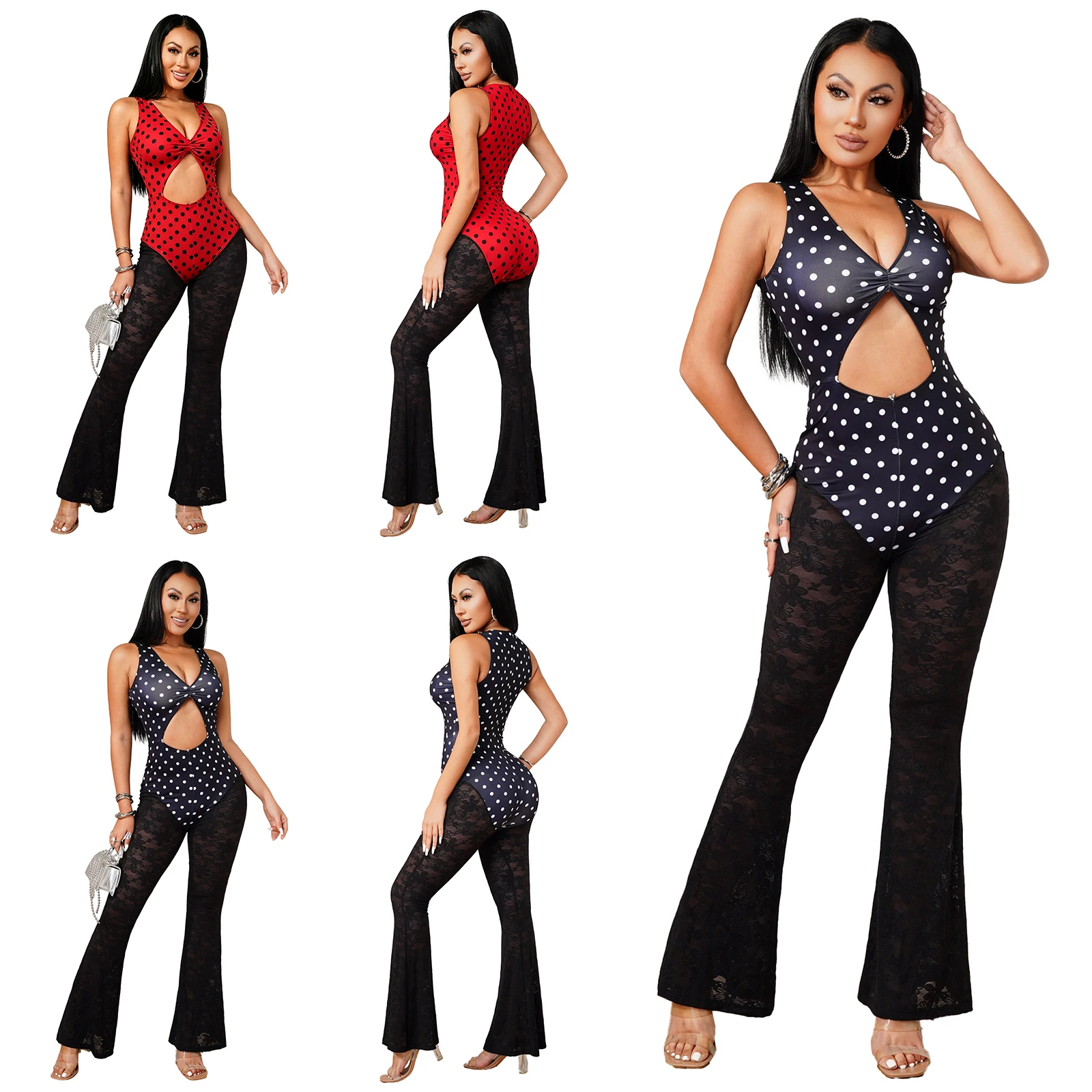 European And American Womens Polka Dot Print Jumpsuit Lace Falre Bell-bottoms Pants Bodysuit Slim Fit Jumpsuit Women's One-Piece