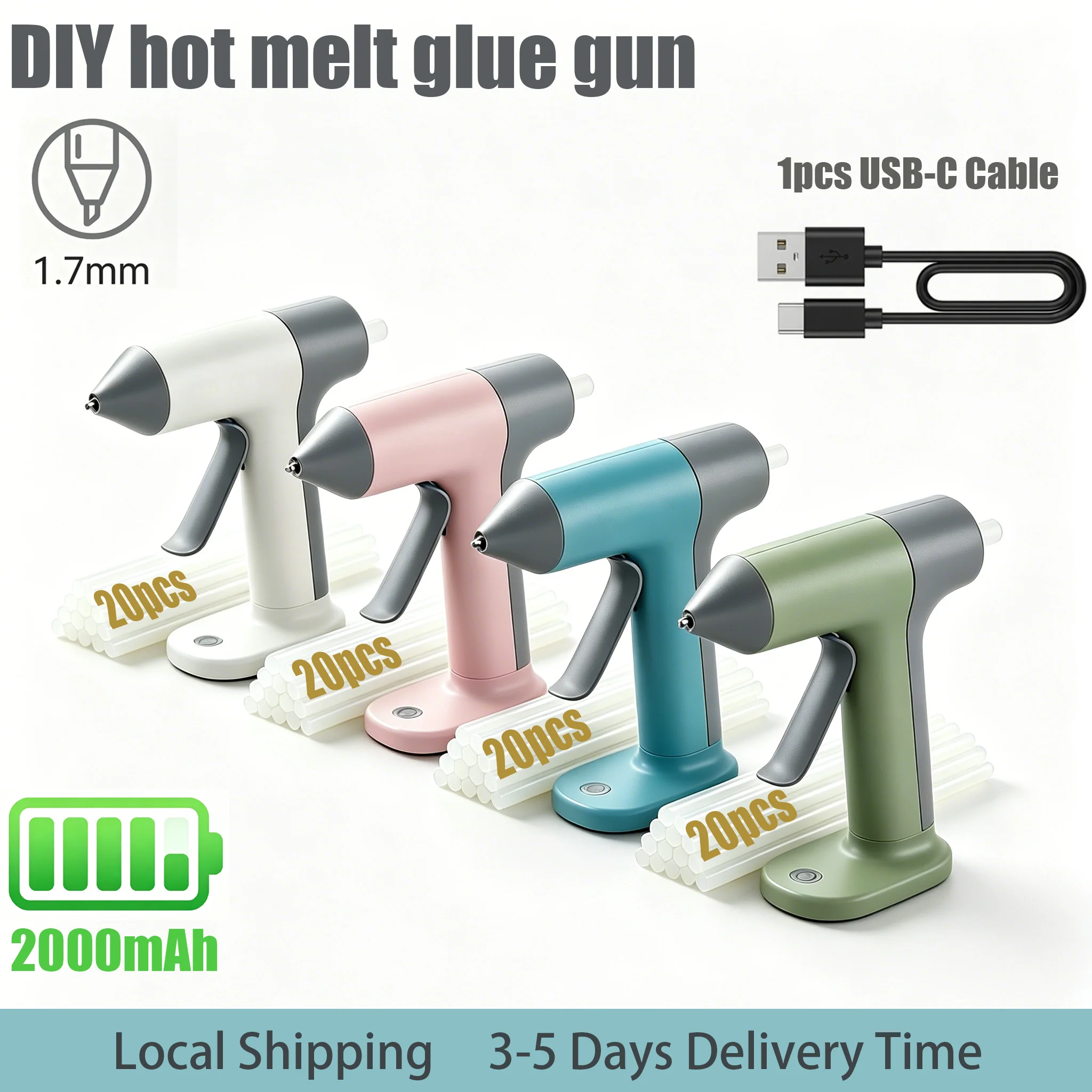 Wireless Hot Glue Gun With 2000mAh Battery Type-C Charging 20PCS 7x140mm High-Strength Glue Sticks  For DIY Craft Home Repair Quick Repairs
