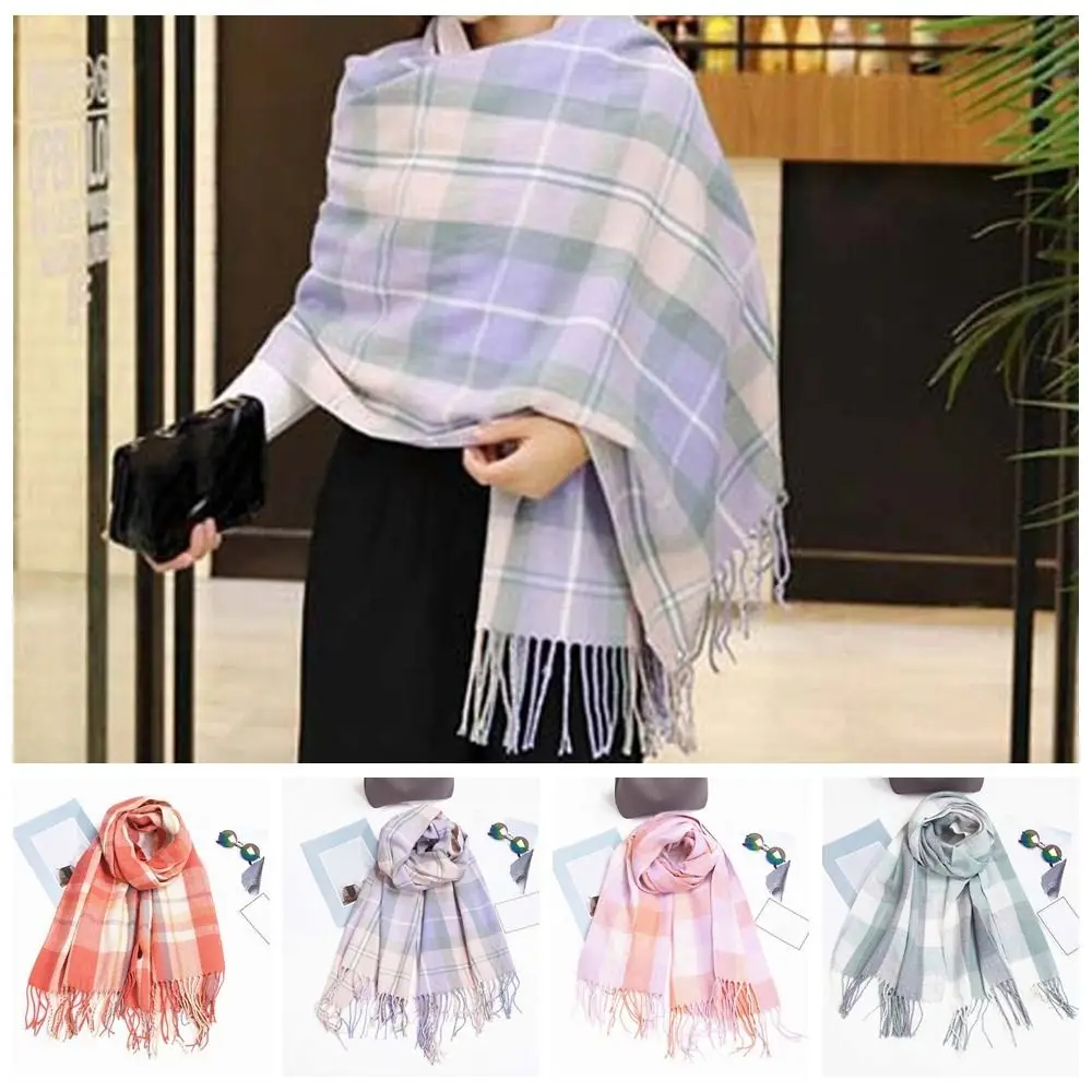 وشاح منقوش كلاسيكي ناعم بألوان متباينة شال صوف محبوك مقاوم للبرودة على الطراز الكوري من ألياف الأكريليك وشاح طويل مع شرابة