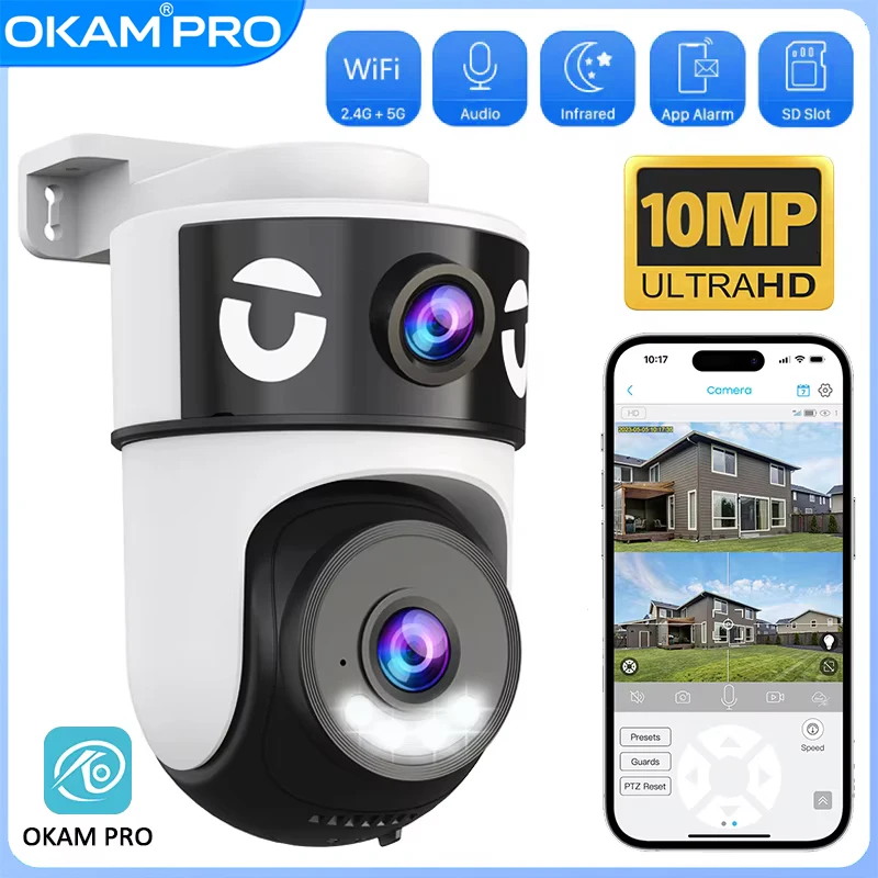 OKAM PRO APP 5G Wi-Fi IP Camera HD 10MP Dual-Lens Camera PTZ Color Night Vision Two-Way Intercom Motion Tracking AI Smart Camera
