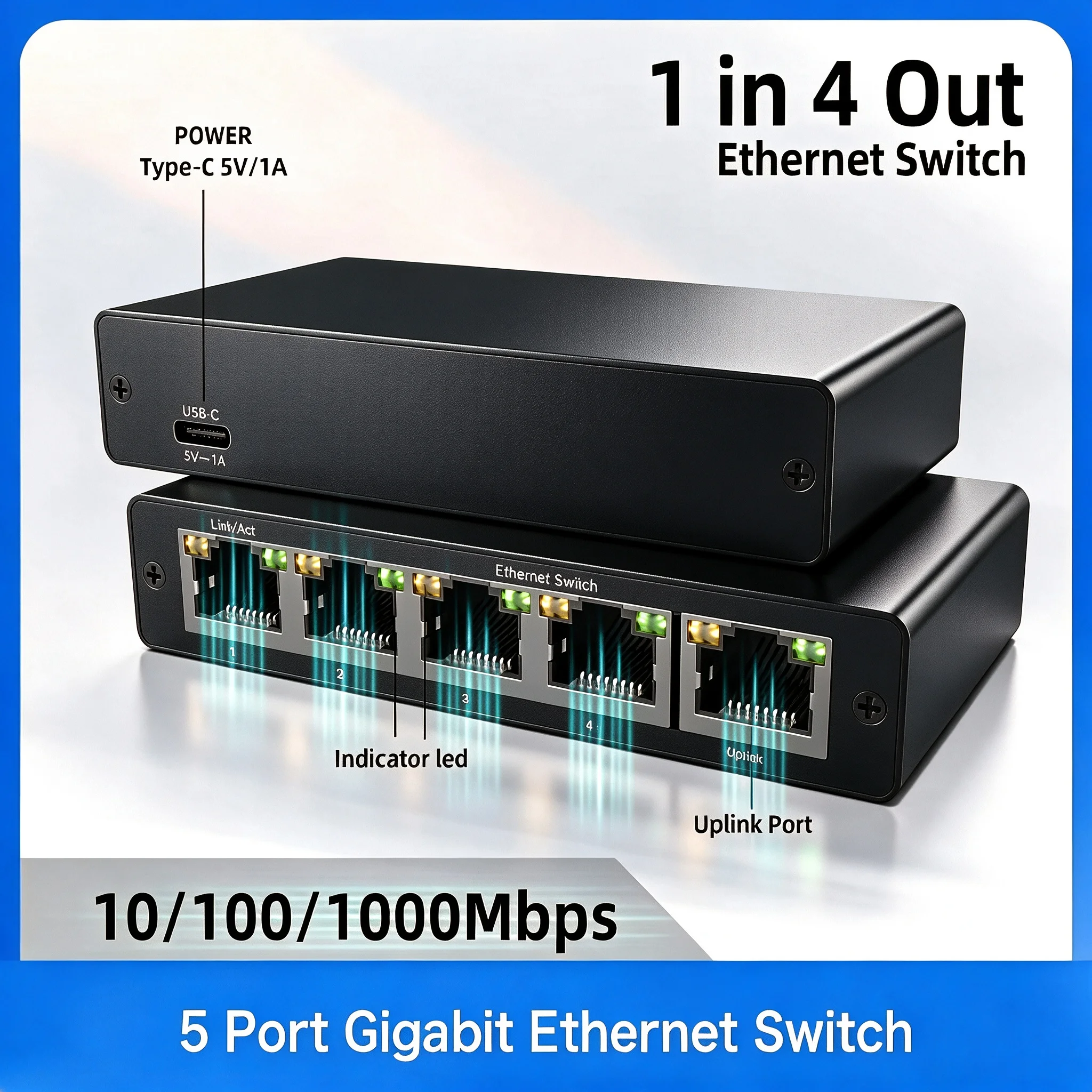 5 Port Gigabit Ethernet Switch 10/100/1000Mbps USB-C Powered Metal Housing for Home Office Gaming CCTV Desktop Router