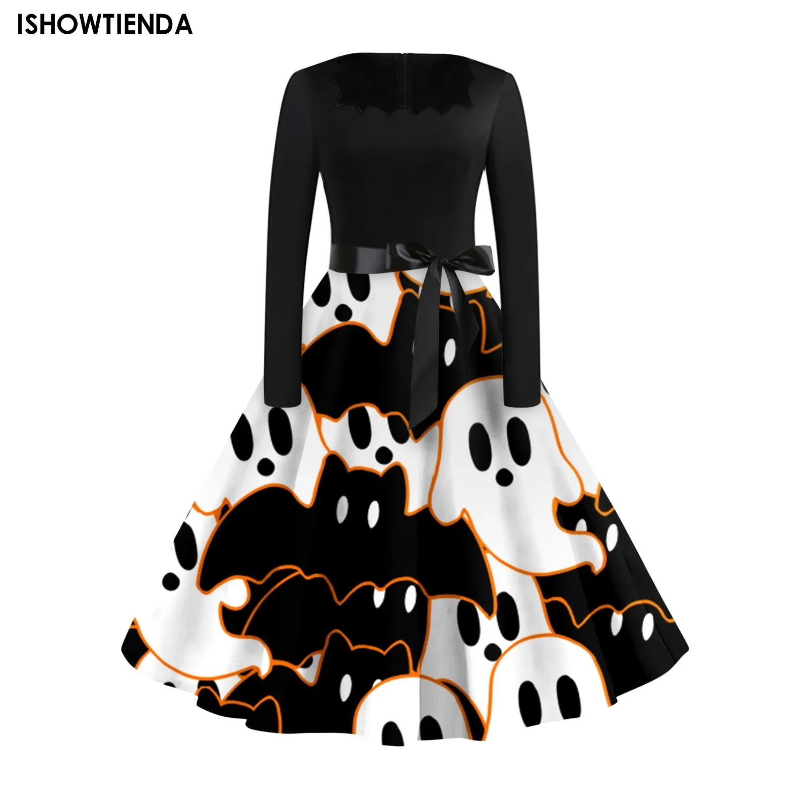 

New Vintage Halloween Dress Women's 2024 Fashion Print Long Sleeve Dress Cutout Party Casual Neck Dress Spring And Autumn