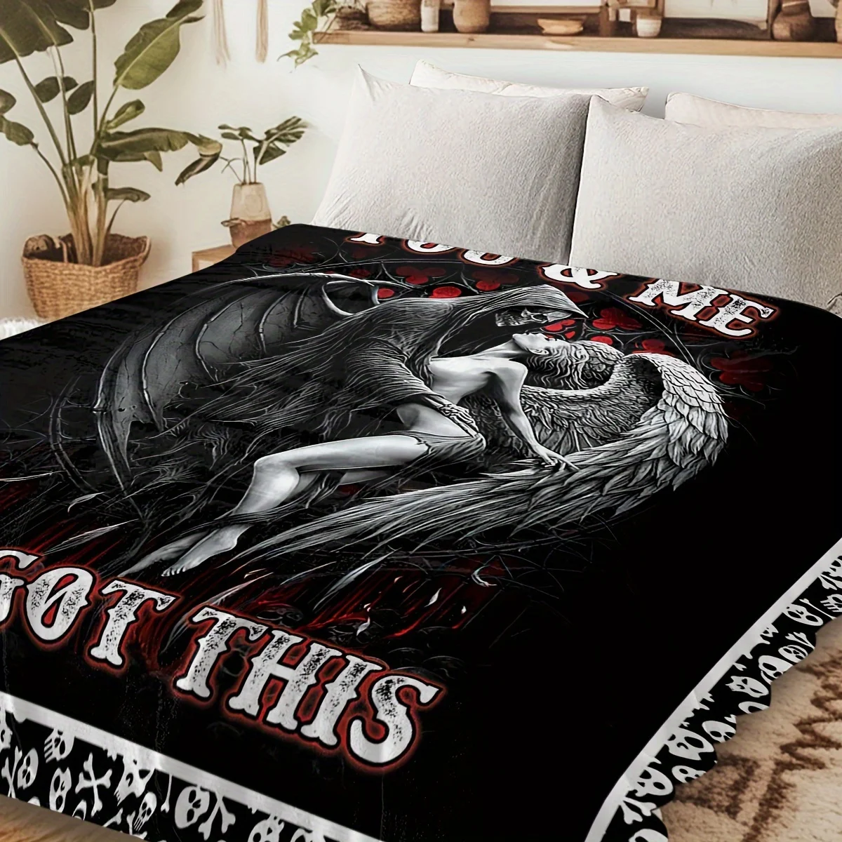 بطانية رمي الجمجمة والملاك المعاصرة ذات الوجهين - بطانية ناعمة من الفلانيل مطبوعة رقمية متعددة الأغراض لجميع المواسم #4