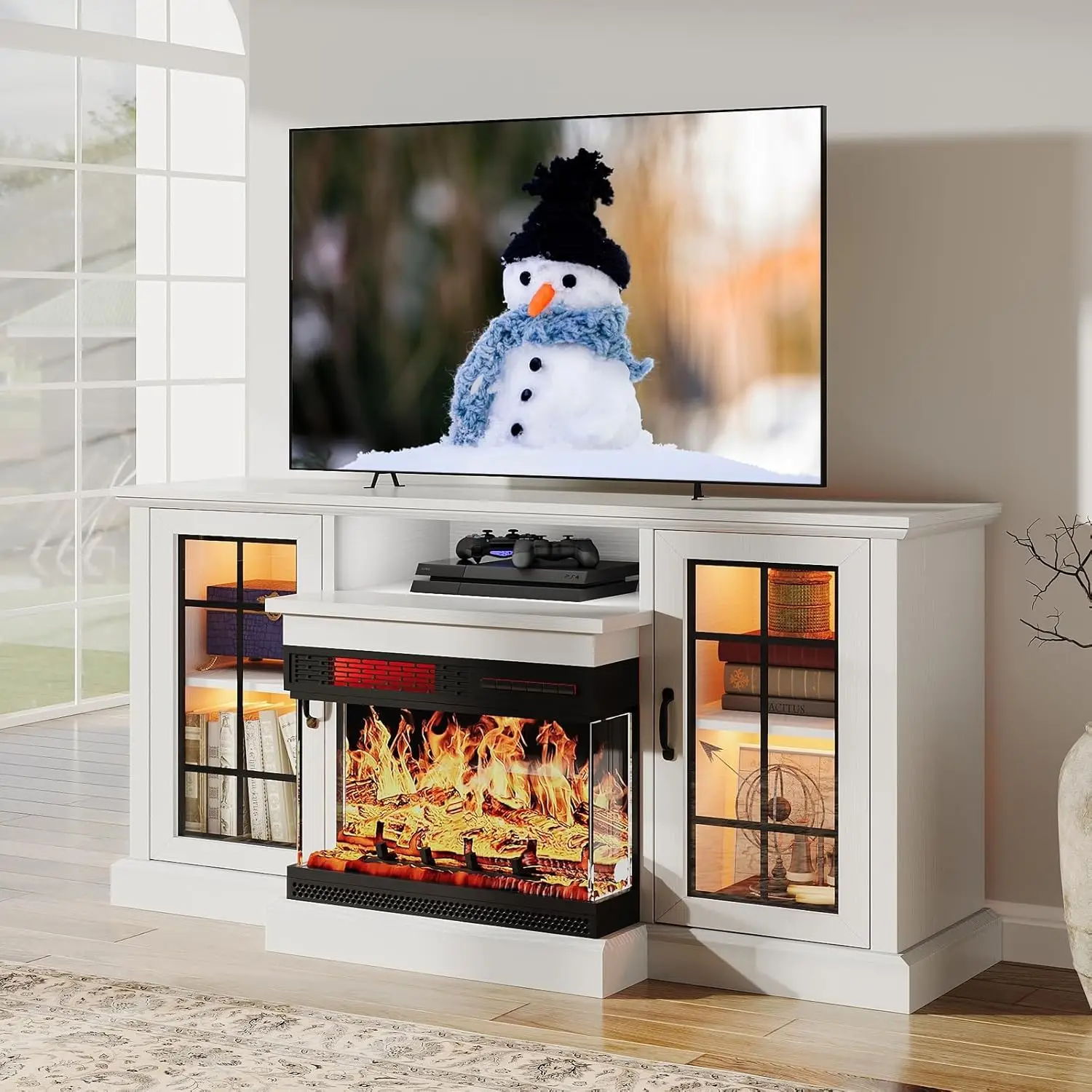 oneinmil 59'' Fireplace TV Stand, 3 Sided Glass Media Entertainment Center Console Table for TVs up to 65'' with Glass Door Clos