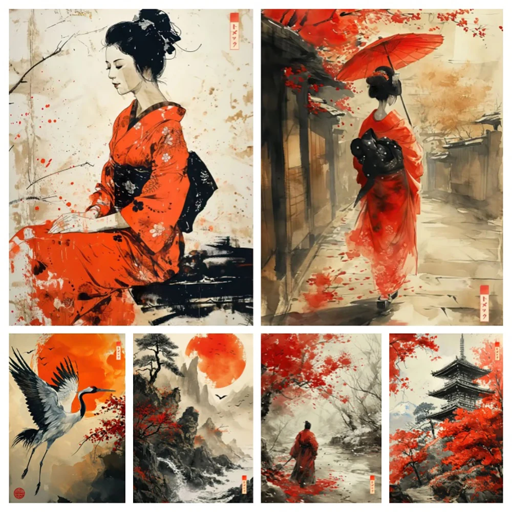 Sumie Japanese Canvas Painting Ink Paint Geisha Samurai Landscape Poster Prints Modern Wall Art Picture Living Room Home Decor