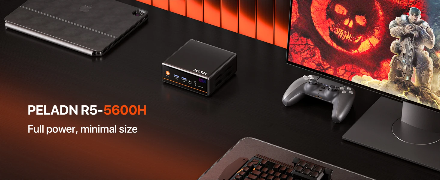 PELADN WO4 Mini Gaming PC - AMD Ryzen 5 5600H((6C/12T, up to 4.2Ghz,Beats 5700U/7430U) 16GB Dual Channel RAM 512GB SSD, Mini Desktop Computer with Dual NIC LAN 2.5Gbe, WiFi6, BT5.2, Type-C,sUPPORT Triple-Display Windows 11 Pro