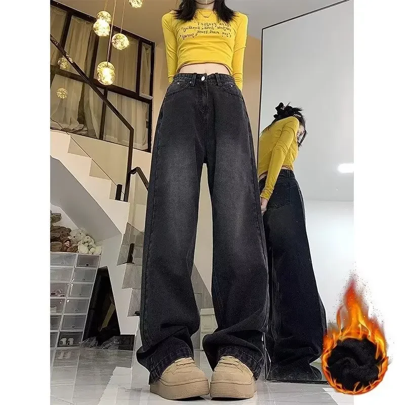 Vintage High-waisted Straight-leg Fleece-lined Jeans Women's Loose-fit Autumn/winter Trendy High-waisted Bell Bottoms