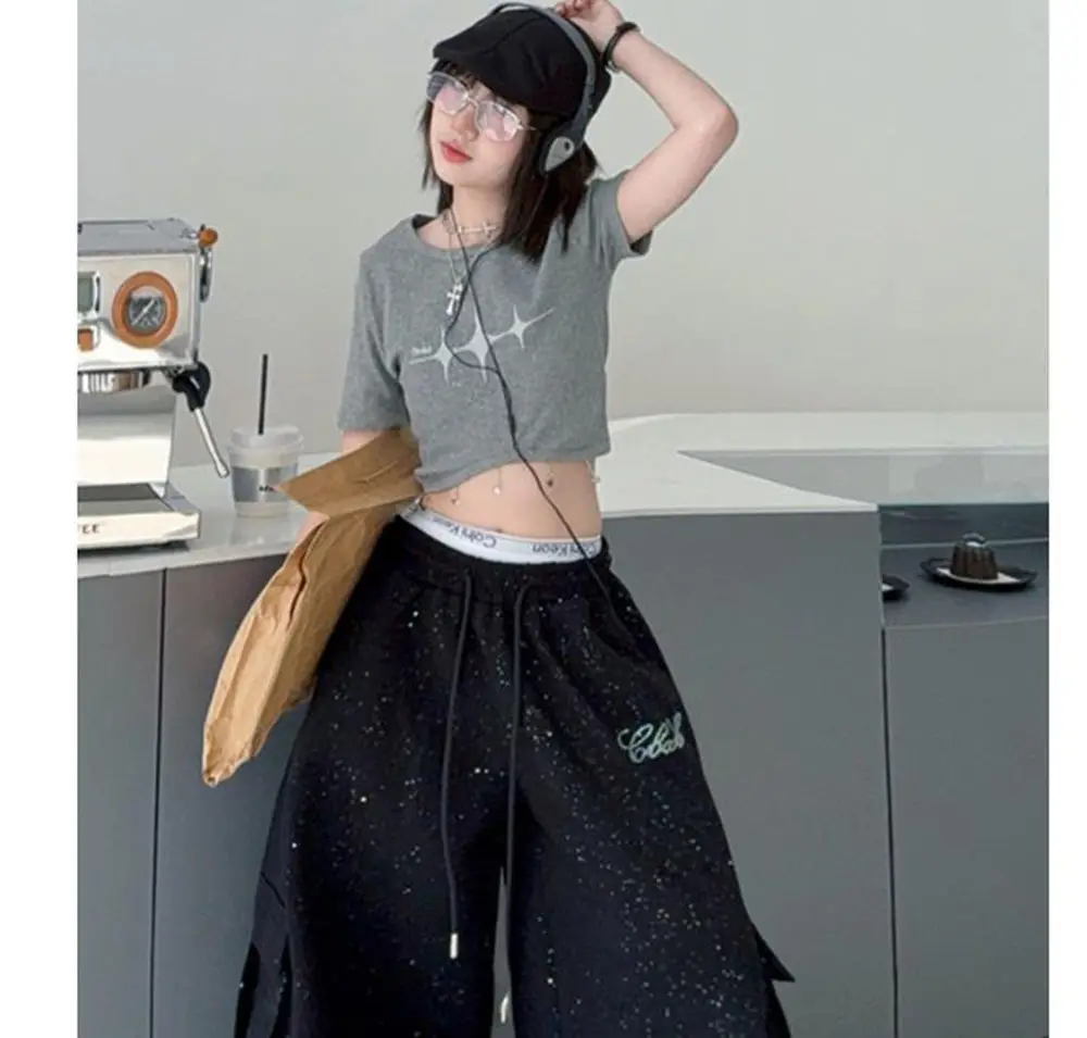 Teen Girls Hip Hop Jazz Street Dance Clothes Set Knitted Short Sleeve Top with Wide Leg Pants Junior Kids Shining Outfit 4-14Y