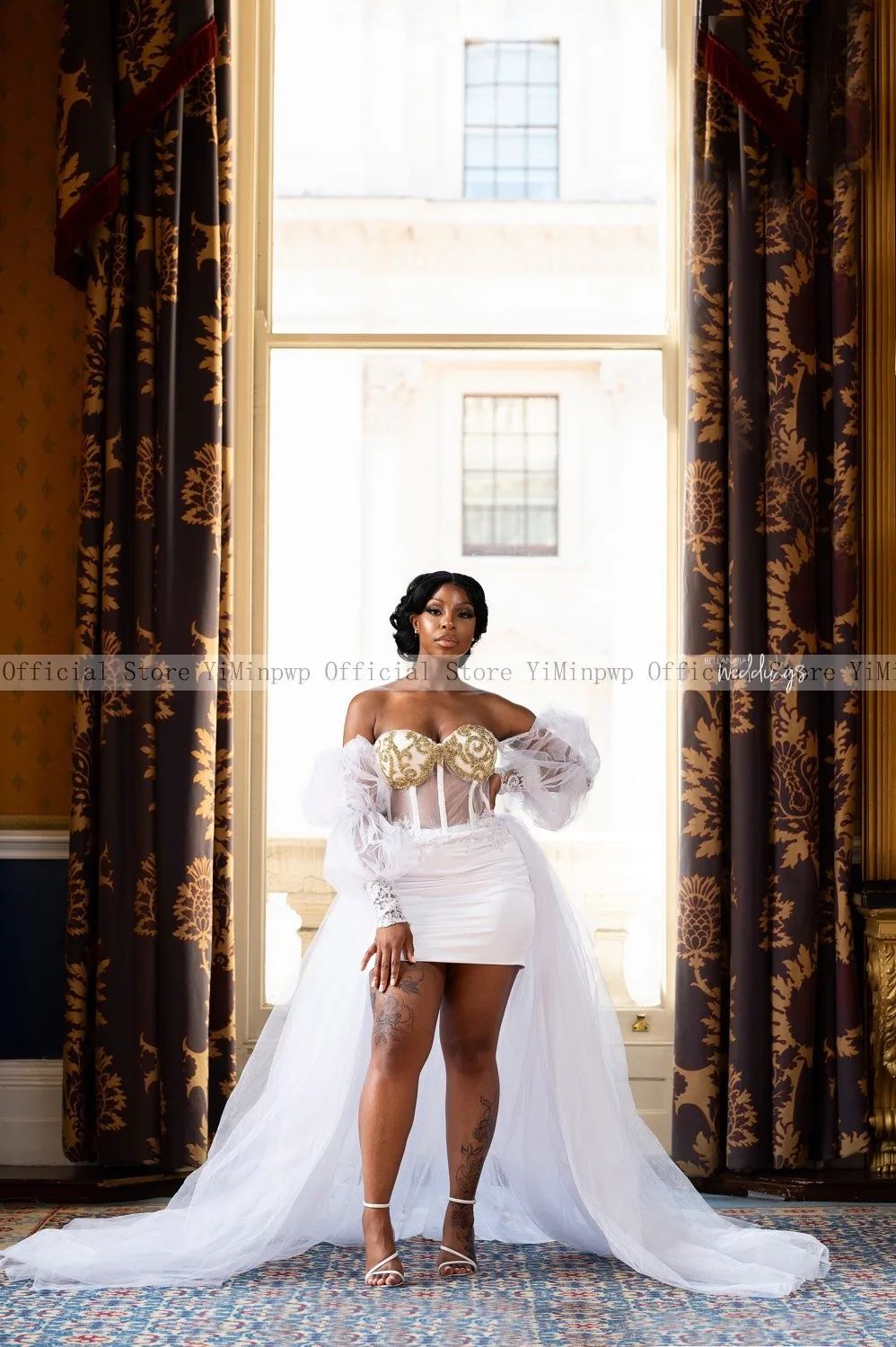 Vestido de novia de manga larga con hombros descubiertos, corpiño de ilusión de cuentas, cremallera en la espalda, blanco, África, boda