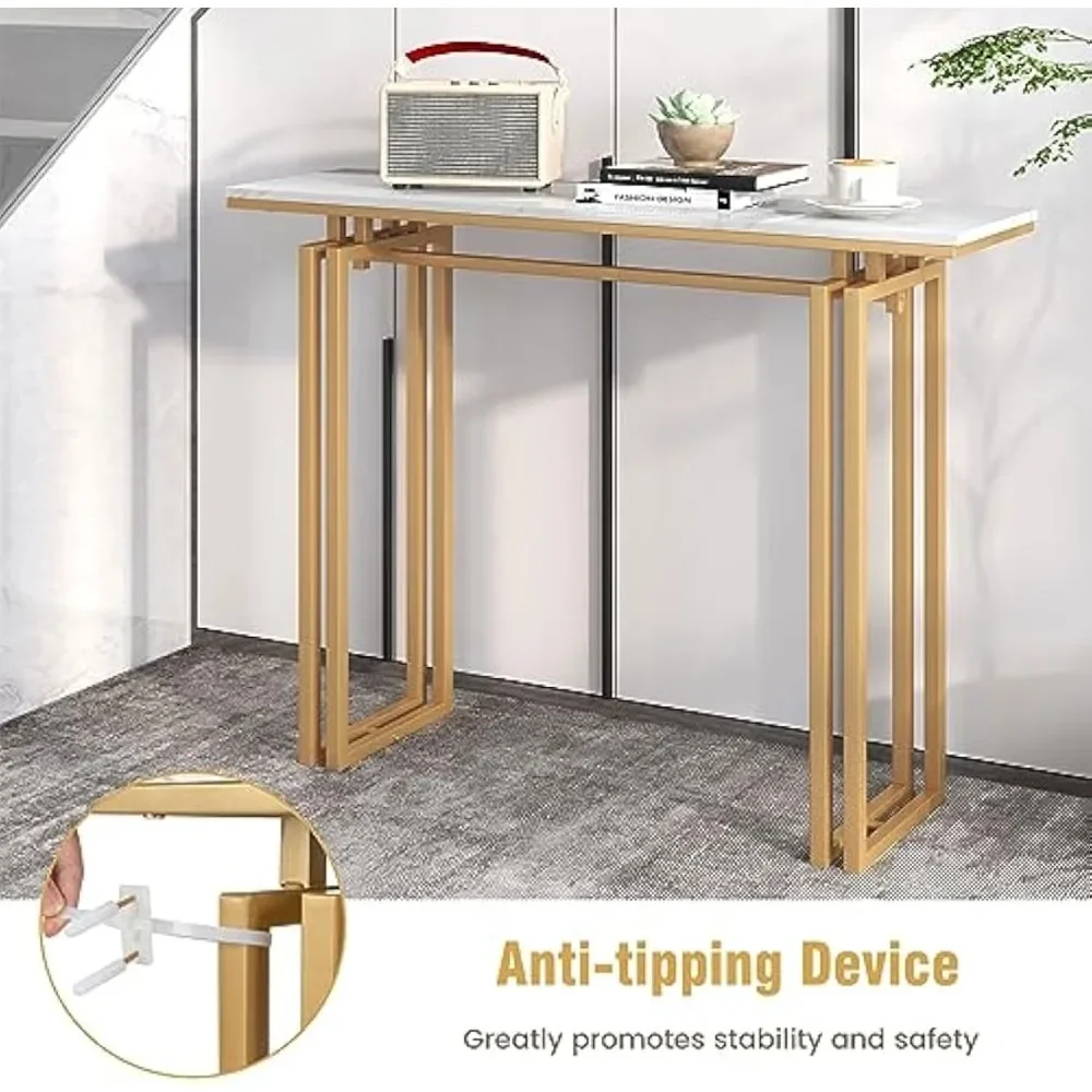 43.5인치 콘솔 테이블, 조절 가능한 발이 있는 인조 대리석 로비 테이블, 골드 프레임, 현대식 출입구 테이블