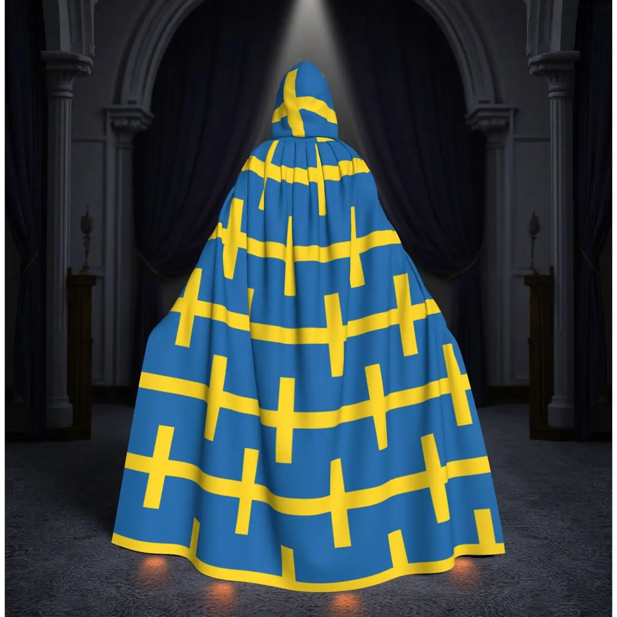 

Swedish Flag Long Hooded Cloak Witch Medieval Costume Cosplay Cape HalloweenParty Adult Unisex