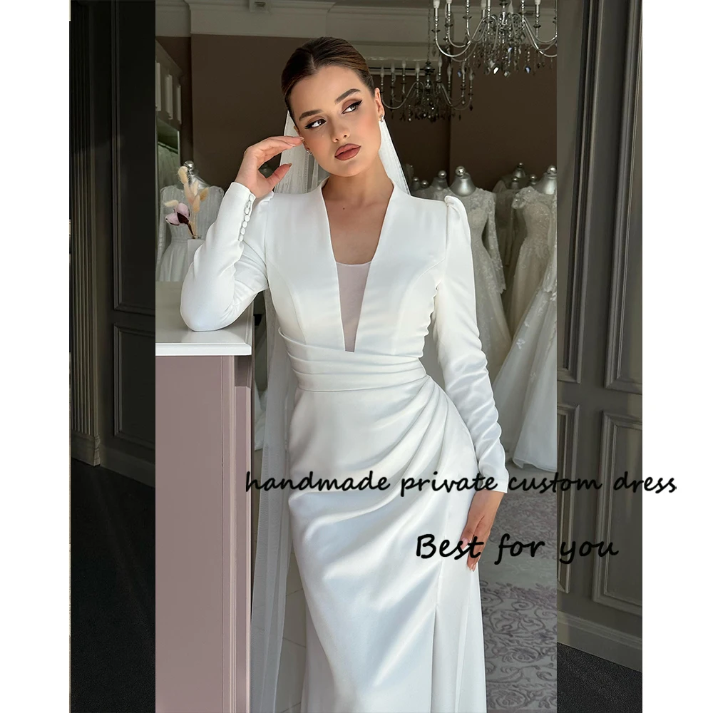 

White Mermaid Wedding Dresses for Bride Long Sleeve V Neck Bride Dress Floor Length Simple Civil Bridal Gown Lace Up Back