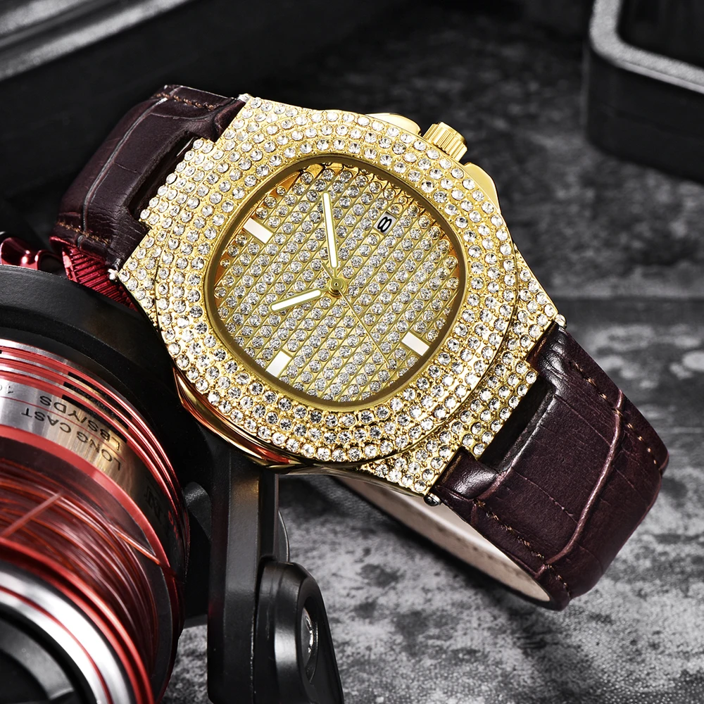 Hip Hop Diamond Brand Watches For Men Fashion Leather Band Golden Date Vintage Luxury Quartz Watch sss Supply Relogio Masculino