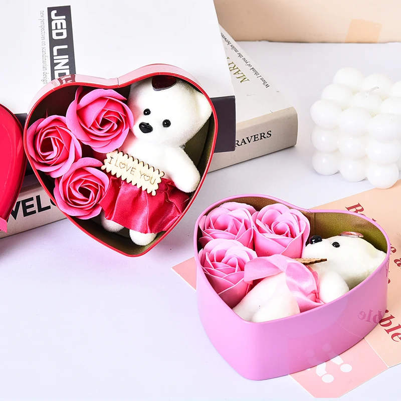 Heart Shaped Soap Rose Bear Gift Box Valentine's Day Simulated Bouquet Present Boxes Wedding Birthday Anniversary Party Favors