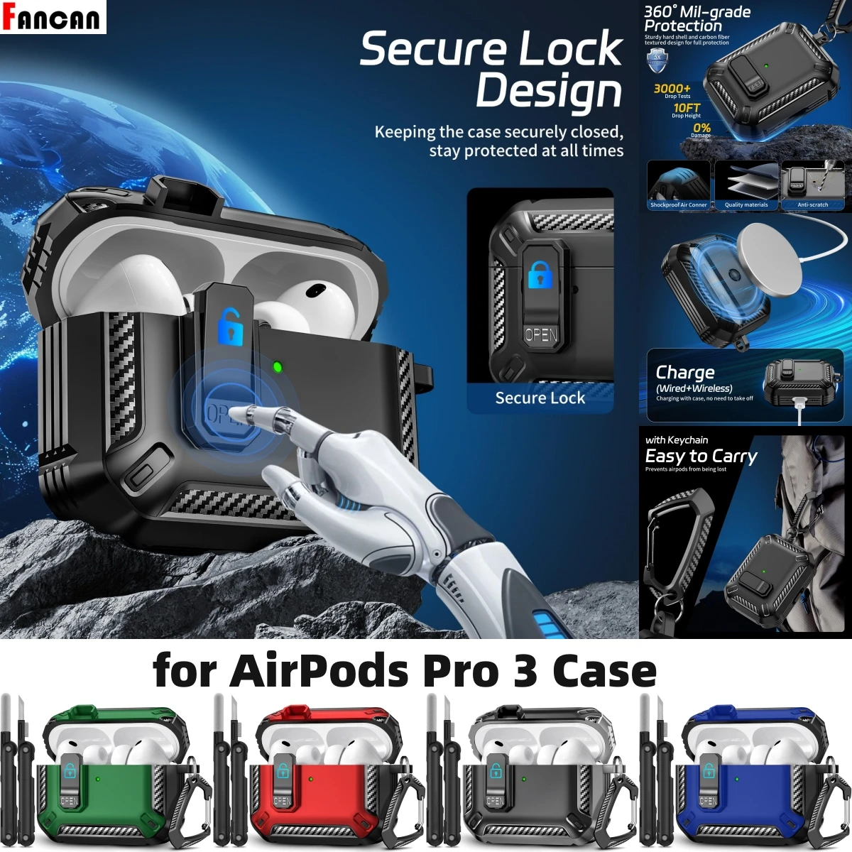 حافظة AirPod Pro 3 (2025 جديدة) غطاء حماية قوي من السقوط مع مجموعة تنظيف وسلسلة مفاتيح لحافظات Air Pods Pro 3 الآمنة