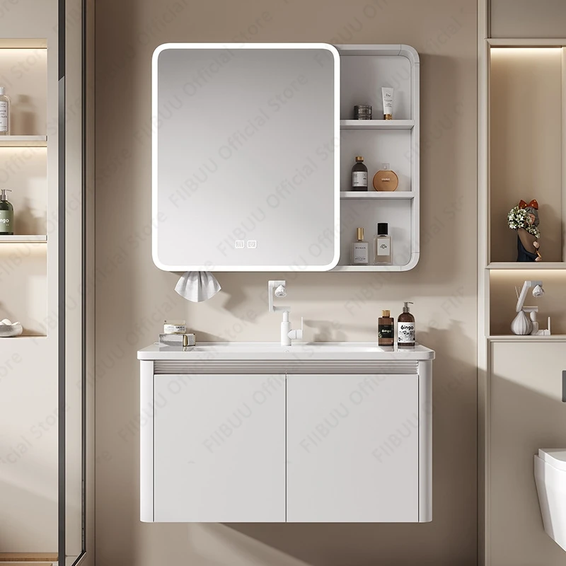 Modern Floating Bathroom Vanity Combo With One Piece Ceramic Wash Sink Basin Mirror Cabinet Faucet Design for Large Storage