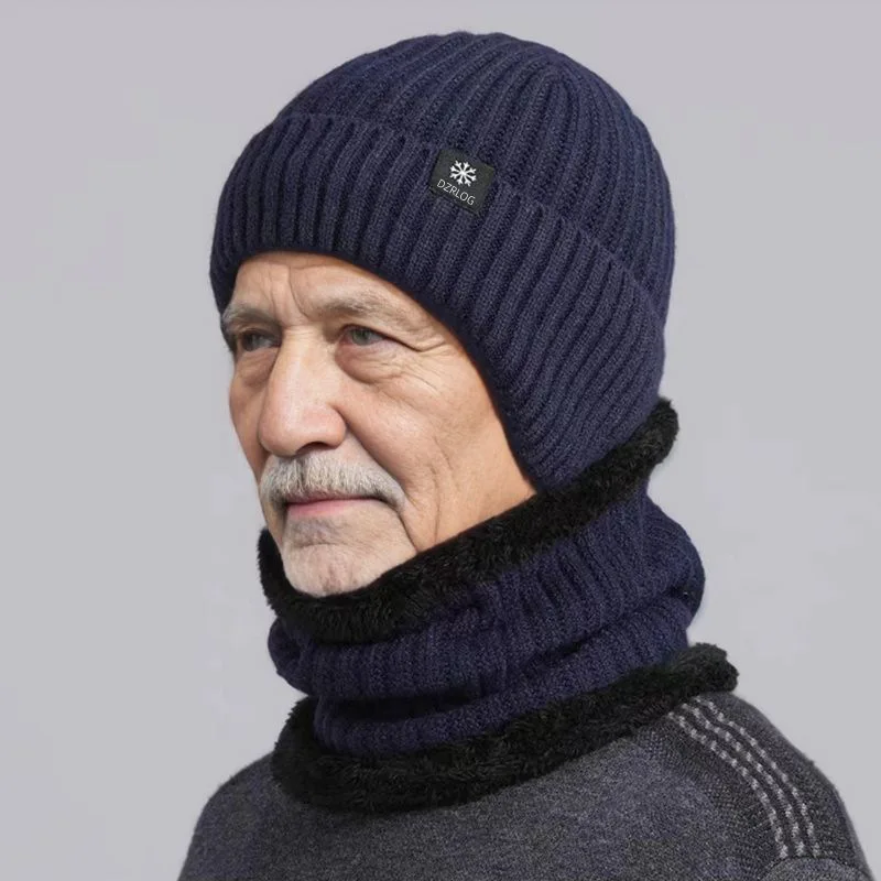 2 Pieces New Style Men's Middle-Aged and Elderly Knitted Hats with Padding and Thick Ear Guards - Old Man and Grandpa Wool Hats