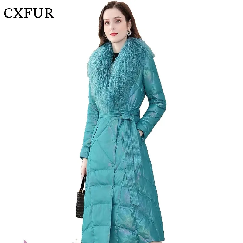 Women Slim Gorgeous Goose Down Coat with Real Lamb Fur Collar CX-G-D-31B