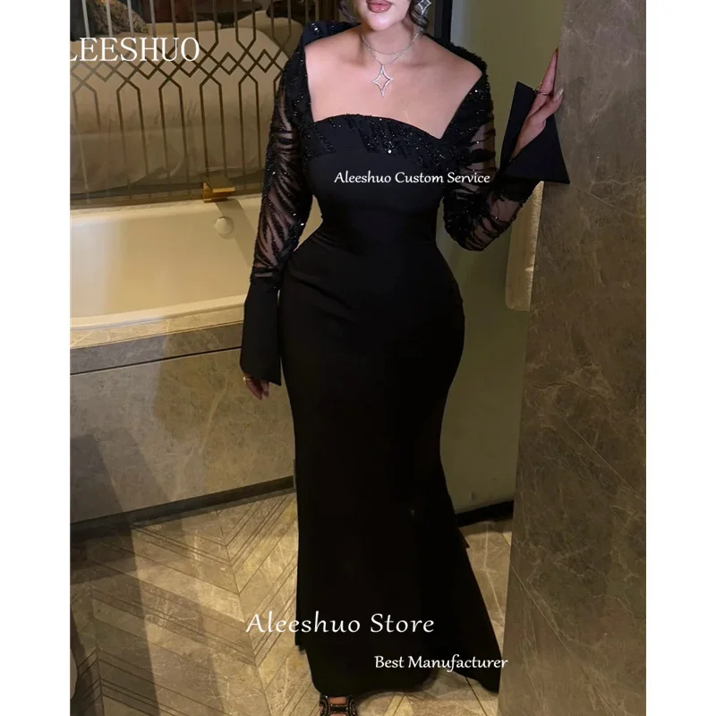 현대 검은 인어 새틴 댄스 파티 드레스 섹시한 Strapless Pleat 반짝 이는 파란색 된 Sequies 파티 드레스 긴 소매 2025 사용자 정의