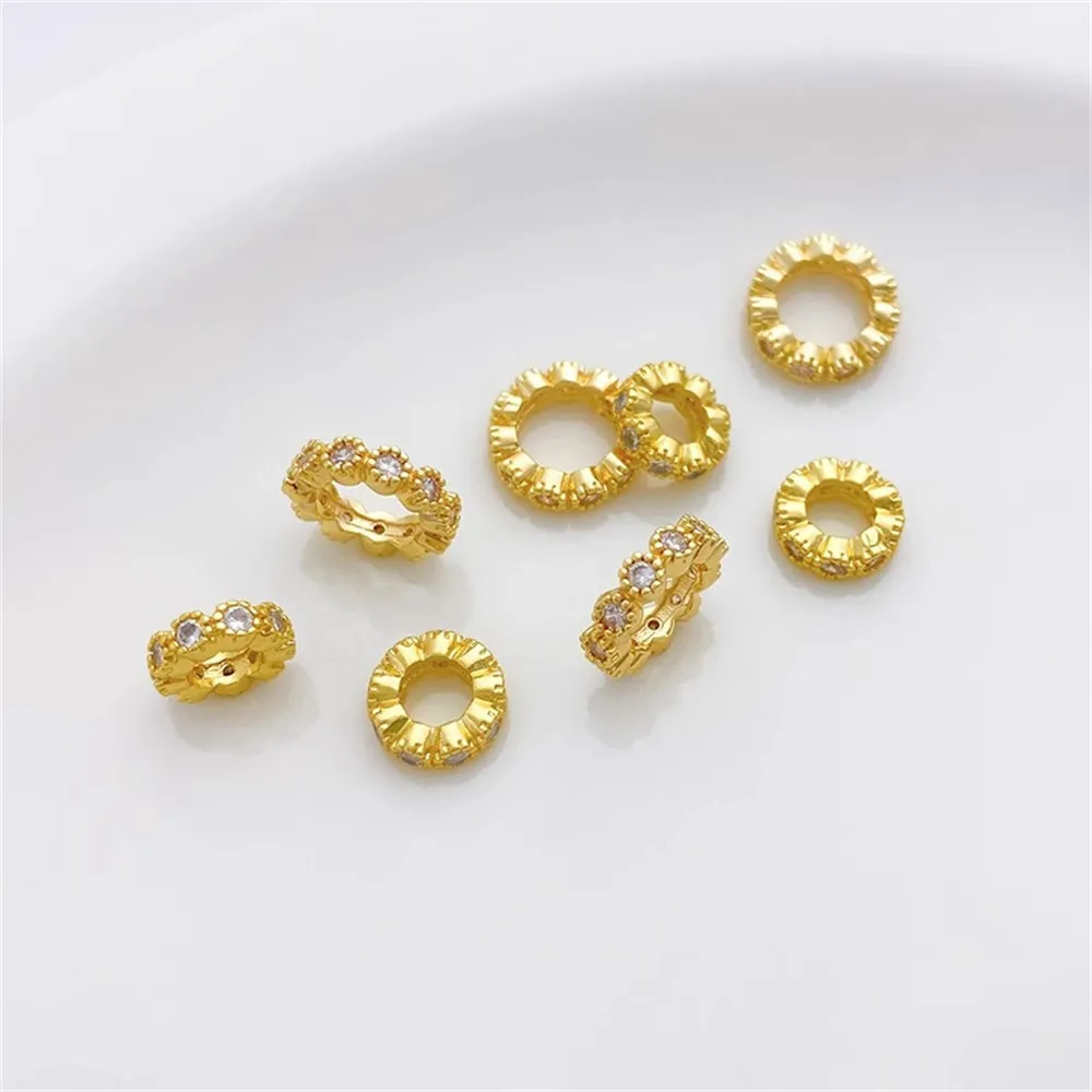 

18K Gold Micro Inlaid Zircon Ring with Large Hole Spacer Beads Handmade DIY Bracelet Necklace Materials Accessories L242