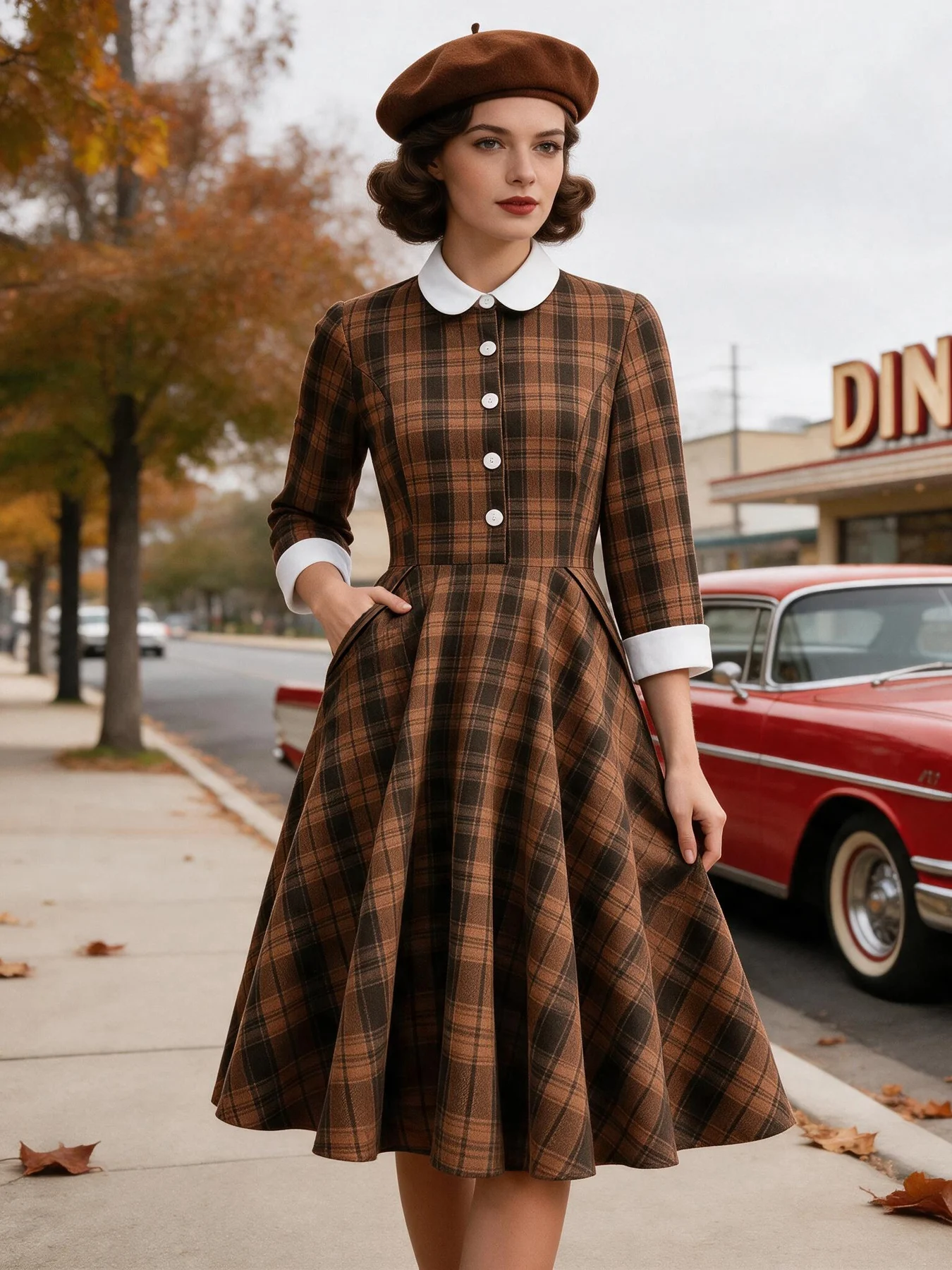 Tonval Peter-pan Collar Rockabilly Pockets Side Vintage Dresses 2026 Autumn Winter 3/4 Length Sleeve Women Plaid Swing Dress